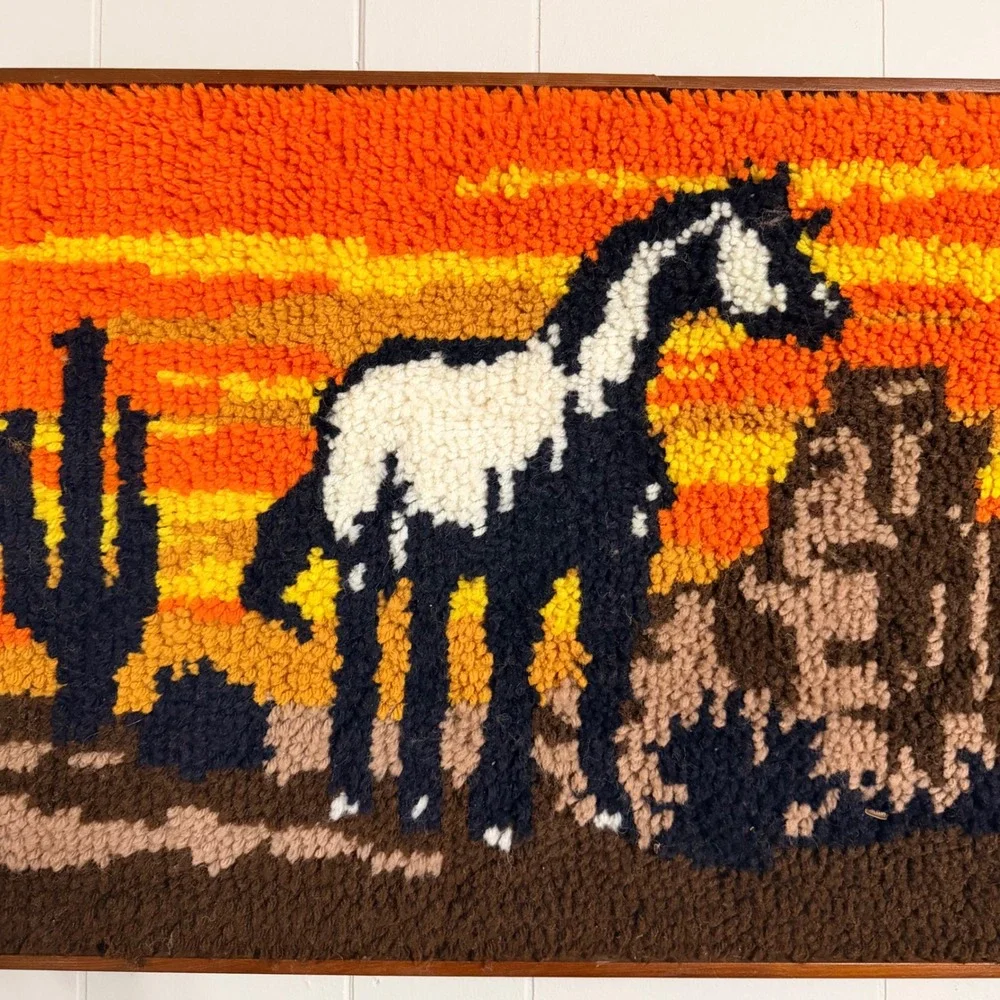 Vintage Latch Hook Wall Hanging Desert Horse Sunset Cactus Framed Yarn Art 24x19